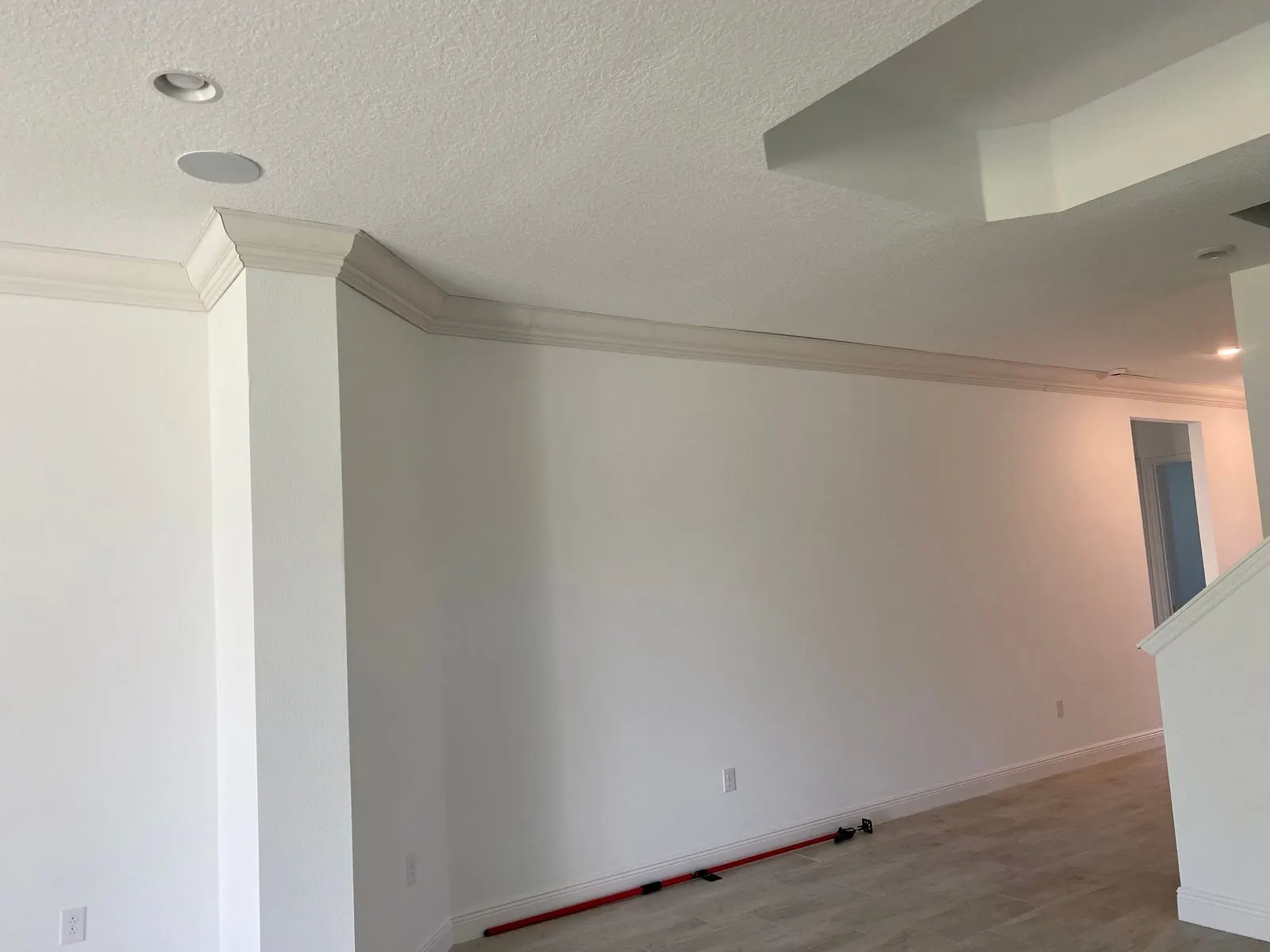 Crown molding and square columns framing an open living area